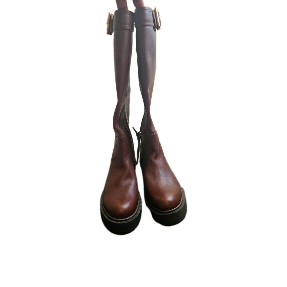 Coach Brown Knee High Riding Boots Buckle Zip Women's Size 5 Leather Outdoor